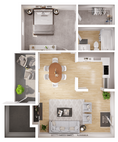 Floor plan for 1 bed, 1 bath, 652 sqft